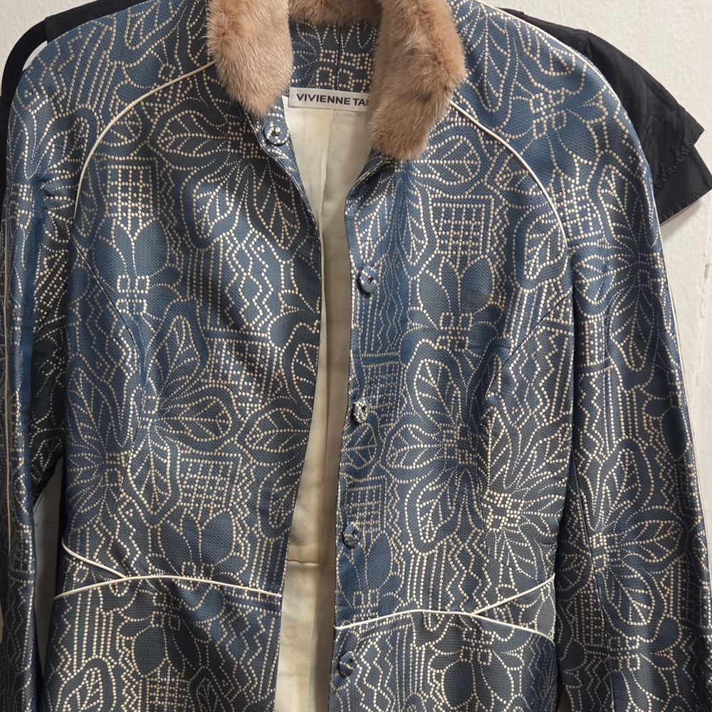 Vivienne Tam Blue/green Jacket with Tan Fur Trim